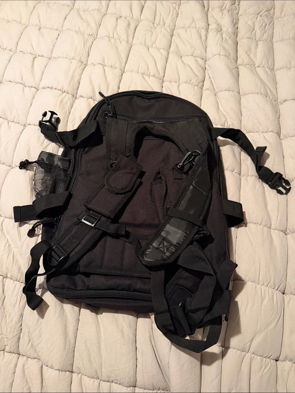 Men's Black Utility Backpack with External Bungee and Multiple Compartments